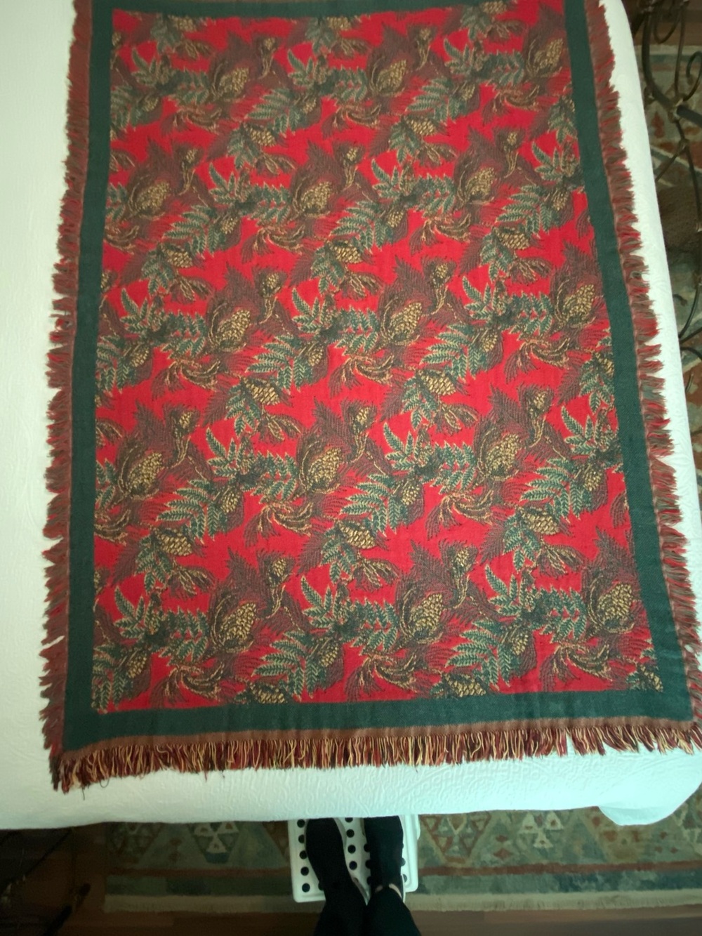 L.L. Bean Vintage Made USA Tapestry Red Pinecone & Green Foliage Holiday Throw